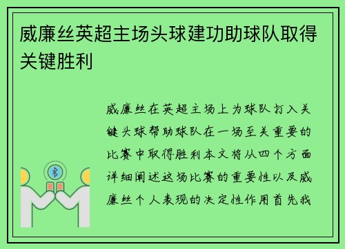 威廉丝英超主场头球建功助球队取得关键胜利 威廉丝英超主场头球建功助球队取得关键胜利