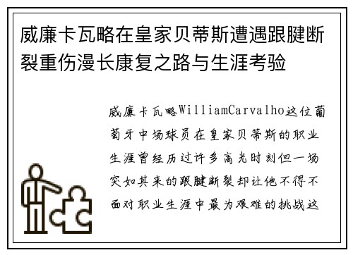 威廉卡瓦略在皇家贝蒂斯遭遇跟腱断裂重伤漫长康复之路与生涯考验 威廉卡瓦略在皇家贝蒂斯遭遇跟腱断裂重伤漫长康复之路与生涯考验